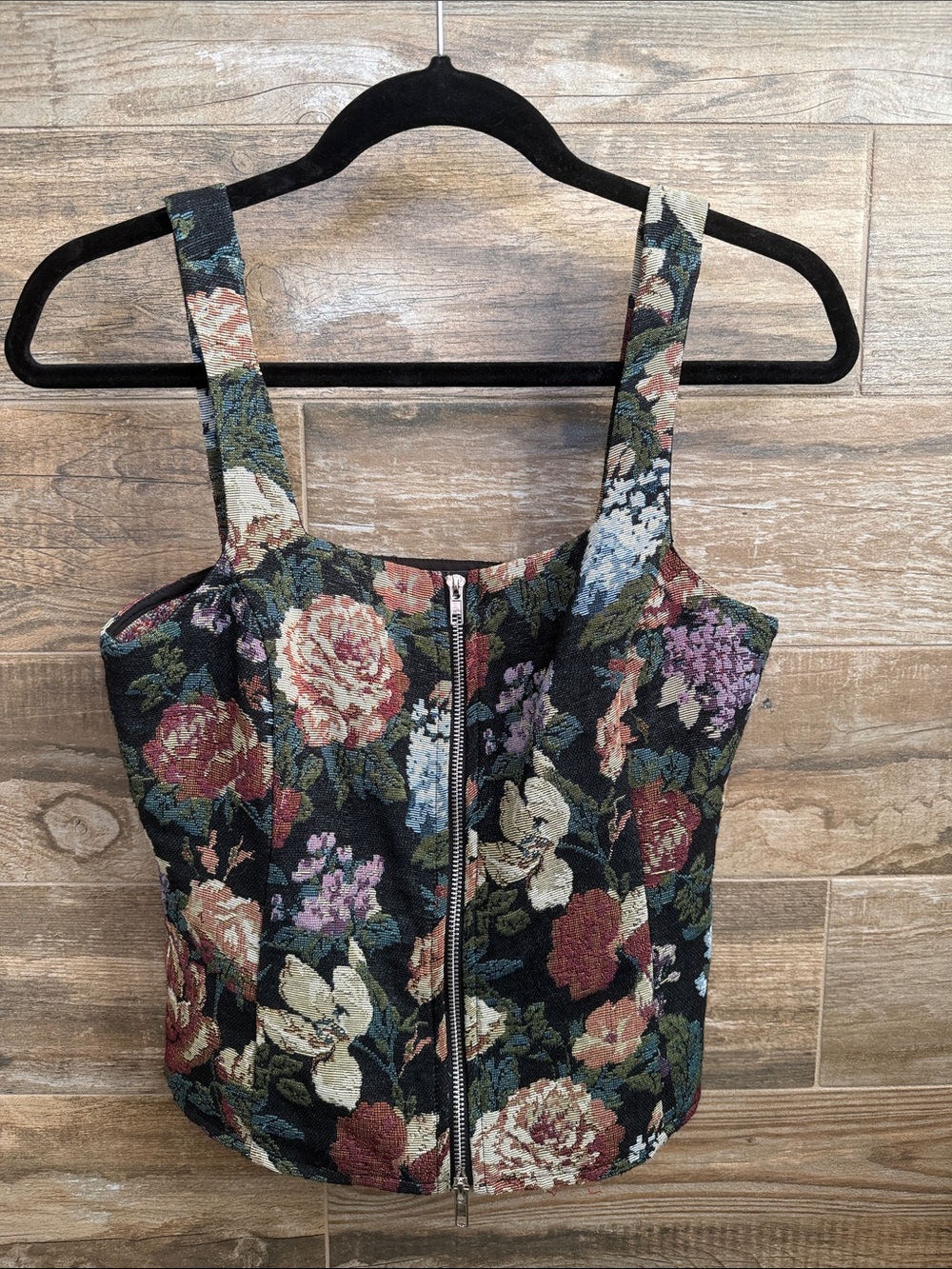 Vici Black Floral Zip-Front Tapestry Camisole